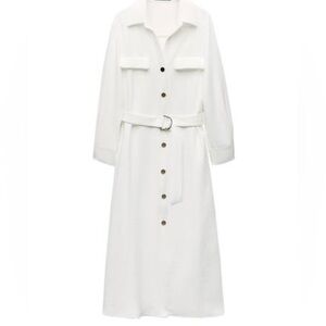Zara White Long Sleeve Belted Dress